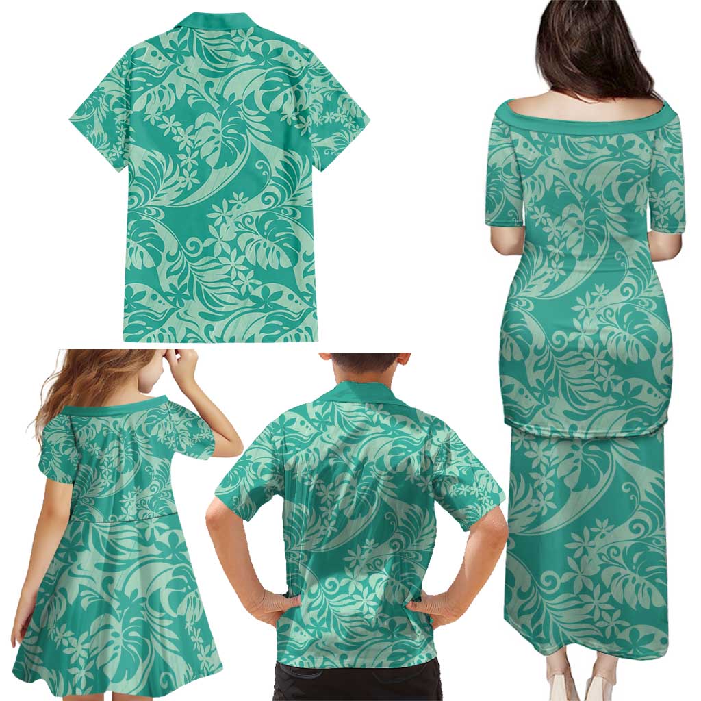 Tahiti Teal Tiare Floral Family Matching Puletasi and Hawaiian Shirt Monstera Palm Tropical Leaves - Polynesian Pride