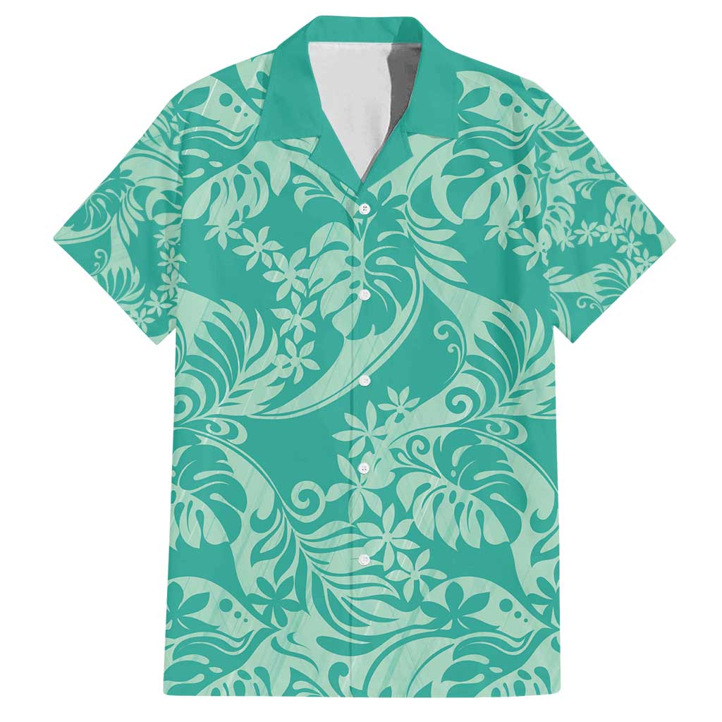 Tahiti Teal Tiare Floral Family Matching Puletasi and Hawaiian Shirt Monstera Palm Tropical Leaves - Polynesian Pride