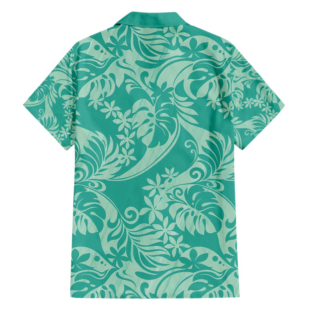 Tahiti Teal Tiare Floral Family Matching Puletasi and Hawaiian Shirt Monstera Palm Tropical Leaves - Polynesian Pride