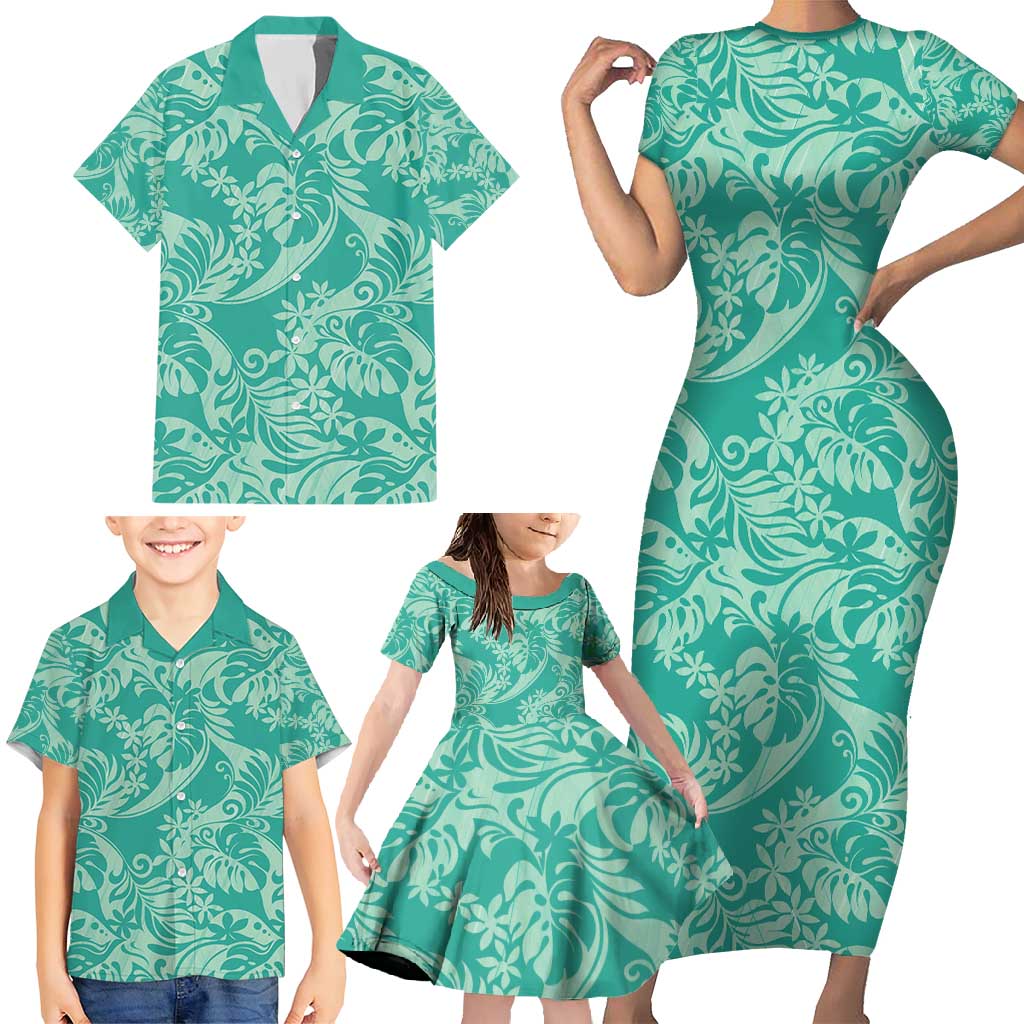 Tahiti Teal Tiare Floral Family Matching Short Sleeve Bodycon Dress and Hawaiian Shirt Monstera Palm Tropical Leaves - Polynesian Pride