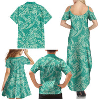 Tahiti Teal Tiare Floral Family Matching Summer Maxi Dress and Hawaiian Shirt Monstera Palm Tropical Leaves - Polynesian Pride
