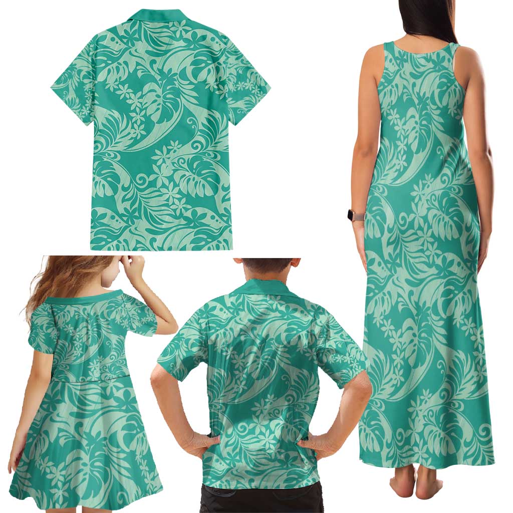 Tahiti Teal Tiare Floral Family Matching Tank Maxi Dress and Hawaiian Shirt Monstera Palm Tropical Leaves - Polynesian Pride