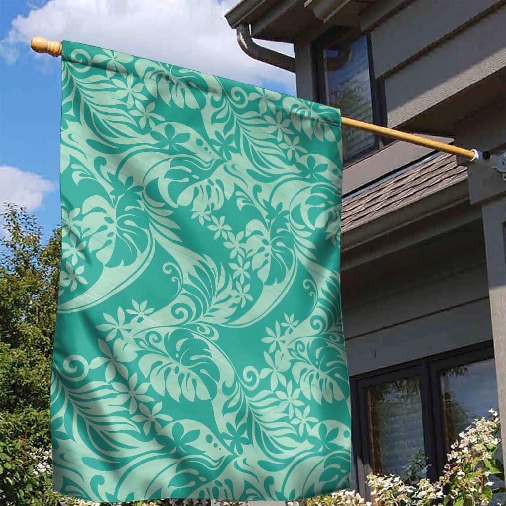 Tahiti Teal Tiare Floral Garden Flag Monstera Palm Tropical Leaves - Polynesian Pride
