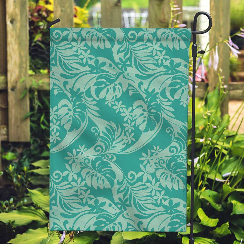 Tahiti Teal Tiare Floral Garden Flag Monstera Palm Tropical Leaves - Polynesian Pride