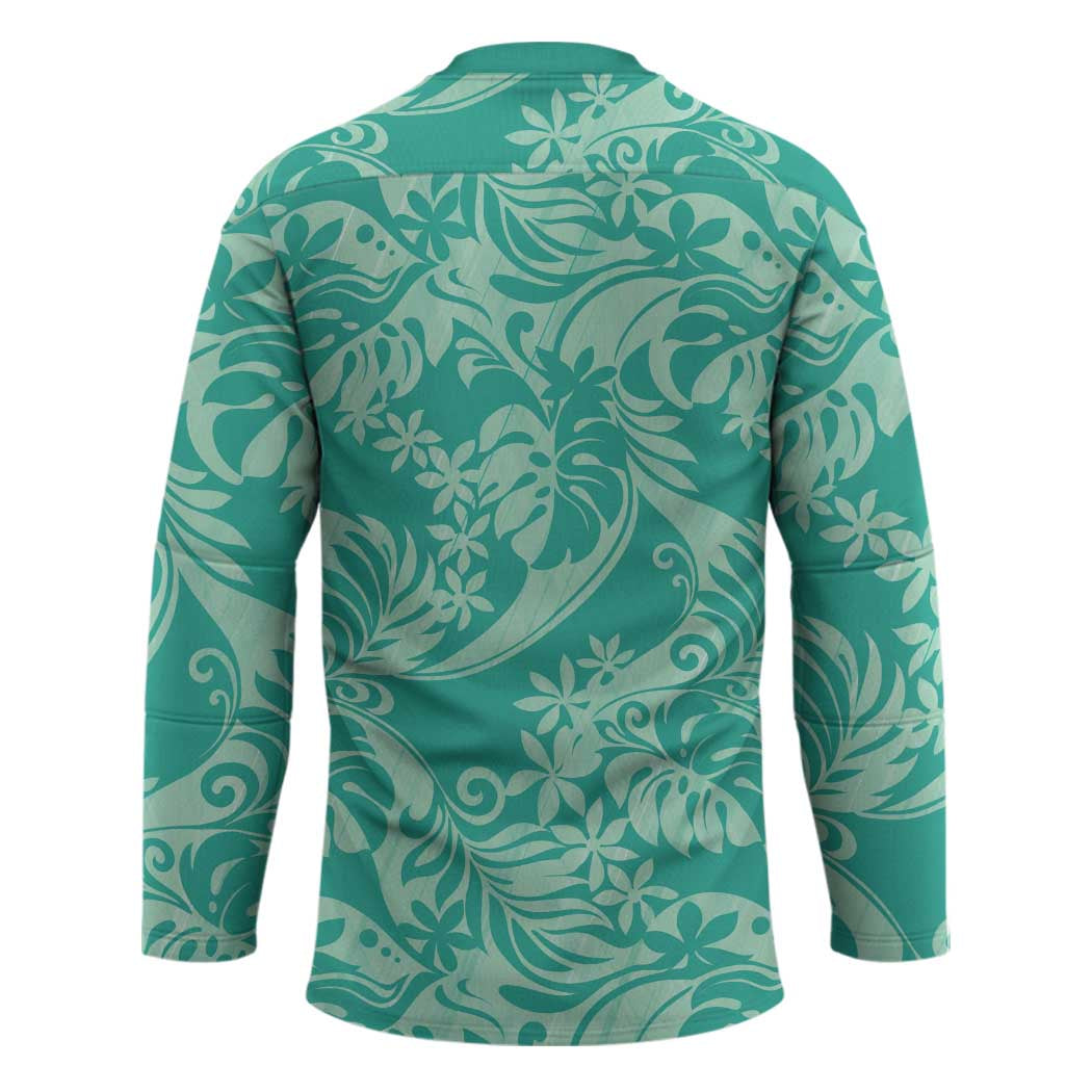 Tahiti Teal Tiare Floral Hockey Jersey Monstera Palm Tropical Leaves - Polynesian Pride