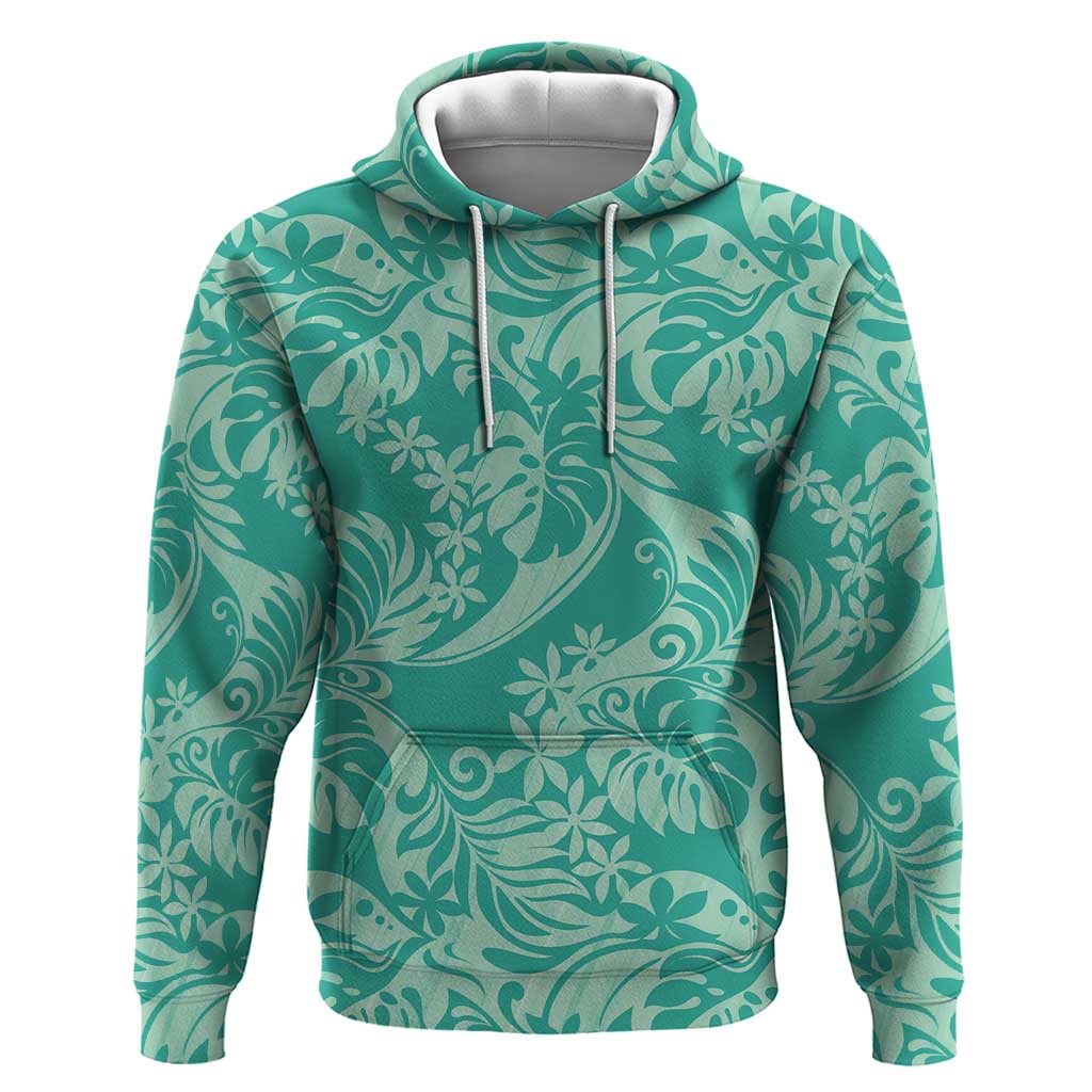 Tahiti Teal Tiare Floral Hoodie Monstera Palm Tropical Leaves - Polynesian Pride