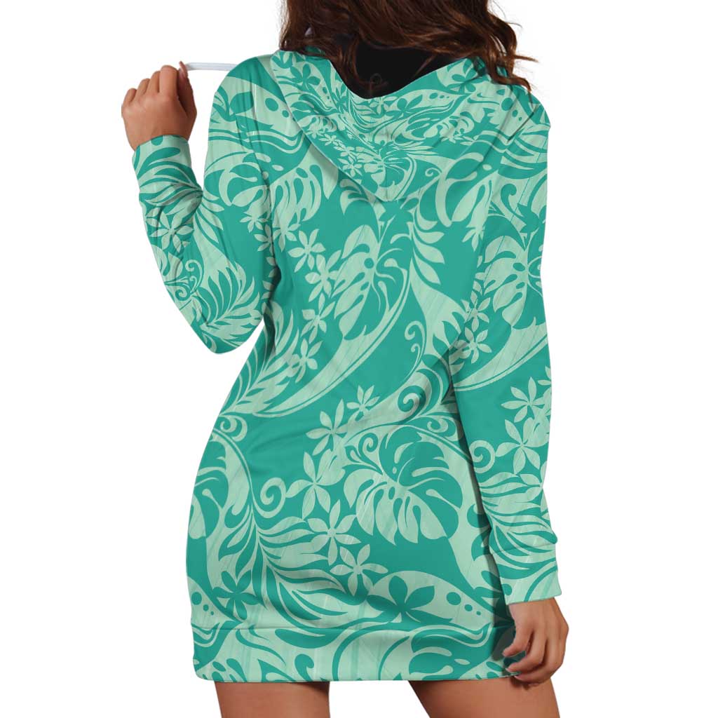 Tahiti Teal Tiare Floral Hoodie Dress Monstera Palm Tropical Leaves - Polynesian Pride