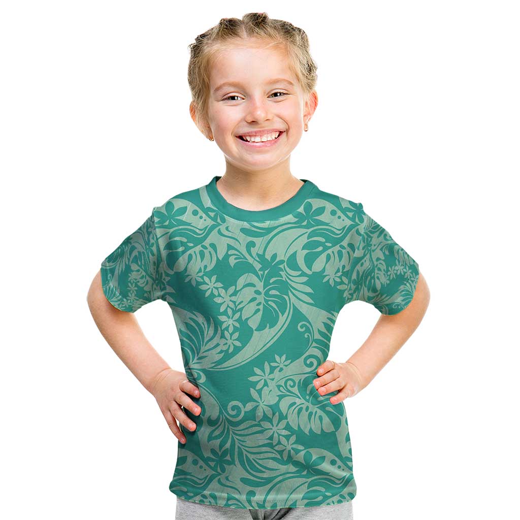 Tahiti Teal Tiare Floral Kid T Shirt Monstera Palm Tropical Leaves - Polynesian Pride
