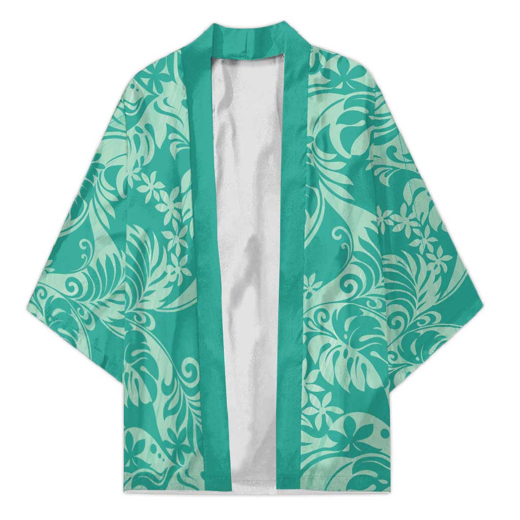 Tahiti Teal Tiare Floral Kimono Monstera Palm Tropical Leaves - Polynesian Pride