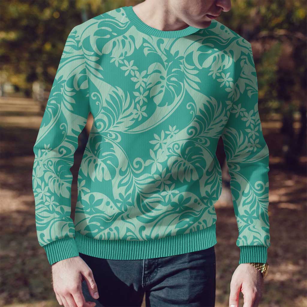 Tahiti Teal Tiare Floral Ugly Christmas Sweater Monstera Palm Tropical Leaves - Polynesian Pride