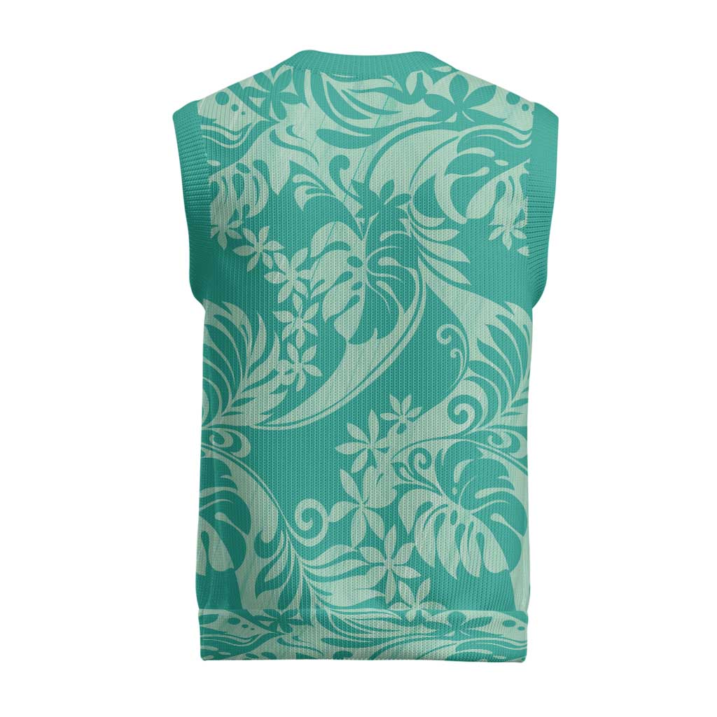 Tahiti Teal Tiare Floral Christmas Knitted V-Neck Vest Monstera Palm Tropical Leaves - Polynesian Pride