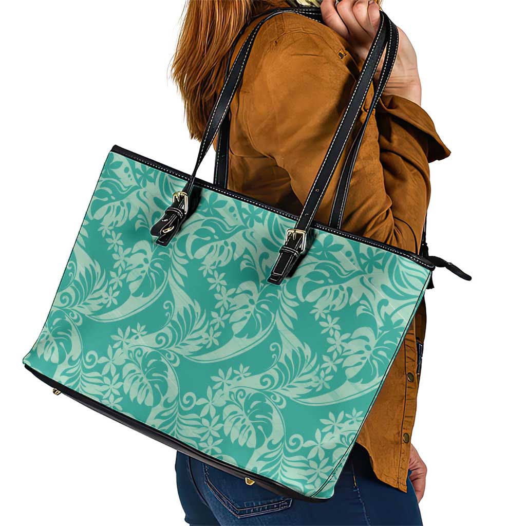 Tahiti Teal Tiare Floral Leather Tote Bag Monstera Palm Tropical Leaves - Polynesian Pride
