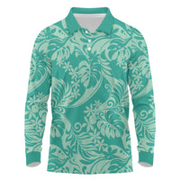 Tahiti Teal Tiare Floral Long Sleeve Polo Shirt Monstera Palm Tropical Leaves - Polynesian Pride