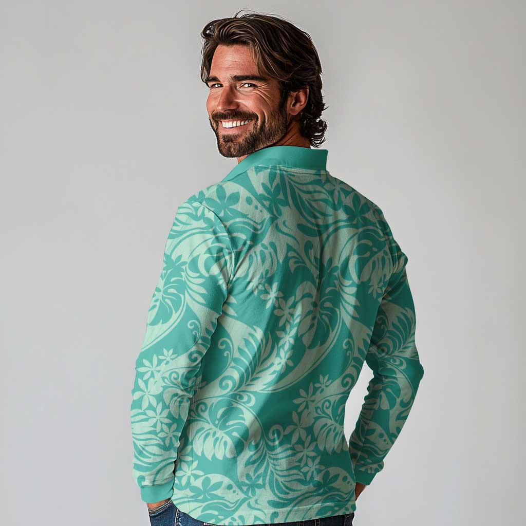 Tahiti Teal Tiare Floral Long Sleeve Polo Shirt Monstera Palm Tropical Leaves - Polynesian Pride
