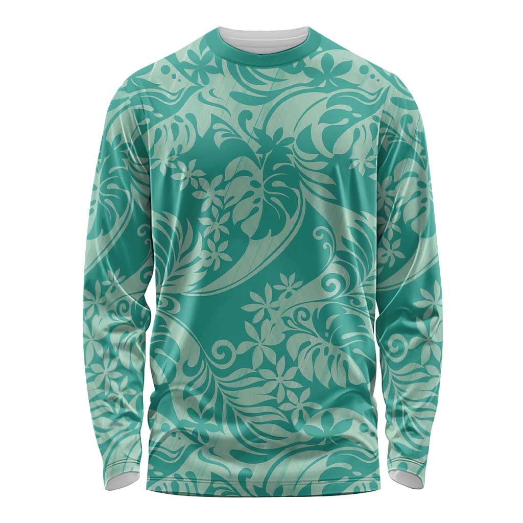 Tahiti Teal Tiare Floral Long Sleeve Shirt Monstera Palm Tropical Leaves - Polynesian Pride