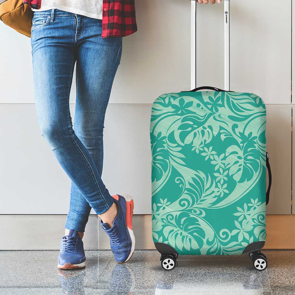 Tahiti Teal Tiare Floral Luggage Cover Monstera Palm Tropical Leaves - Polynesian Pride