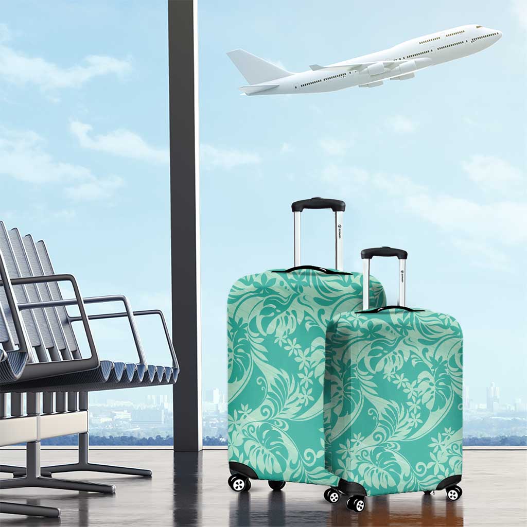 Tahiti Teal Tiare Floral Luggage Cover Monstera Palm Tropical Leaves - Polynesian Pride