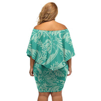 Tahiti Teal Tiare Floral Off Shoulder Short Dress Monstera Palm Tropical Leaves - Polynesian Pride
