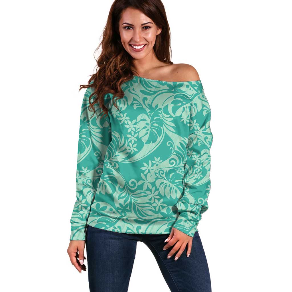 Tahiti Teal Tiare Floral Off Shoulder Sweater Monstera Palm Tropical Leaves - Polynesian Pride