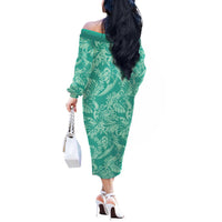Tahiti Teal Tiare Floral Off The Shoulder Long Sleeve Dress Monstera Palm Tropical Leaves - Polynesian Pride