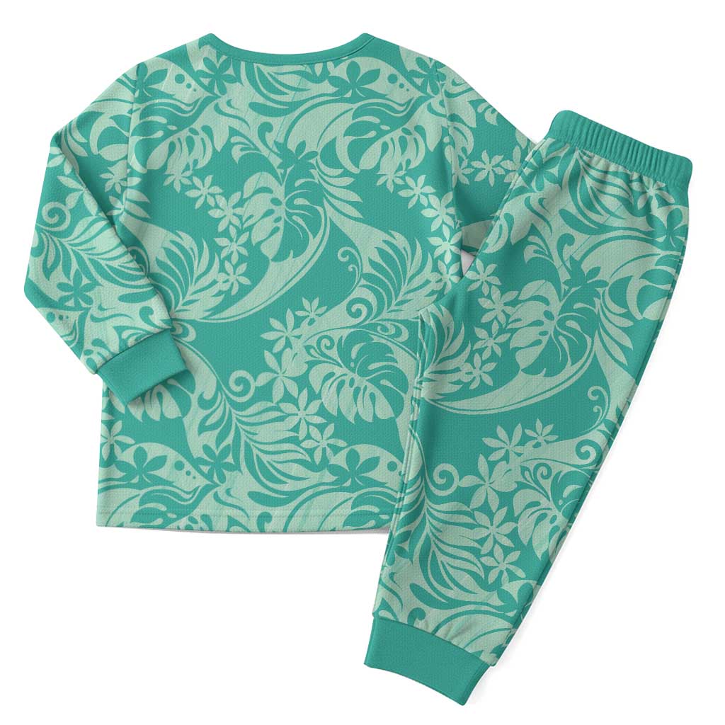 Tahiti Teal Tiare Floral Christmas Pajama Set Monstera Palm Tropical Leaves - Polynesian Pride