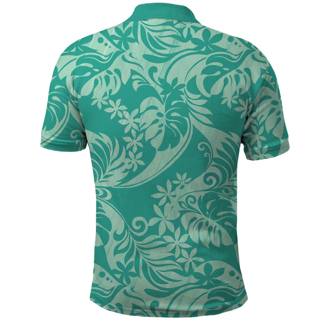 Tahiti Teal Tiare Floral Polo Shirt Monstera Palm Tropical Leaves - Polynesian Pride