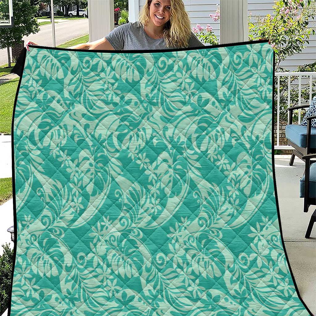 Tahiti Teal Tiare Floral Quilt Monstera Palm Tropical Leaves - Polynesian Pride