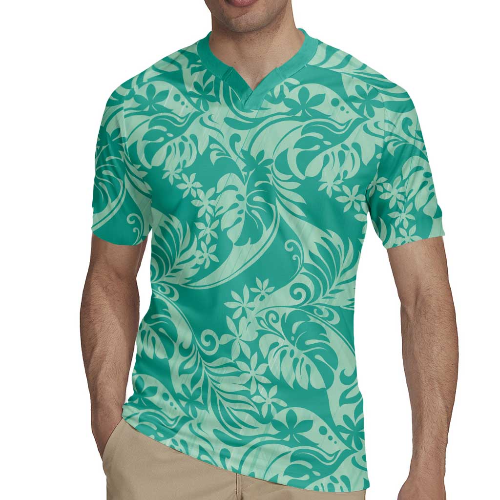 Tahiti Teal Tiare Floral Rugby Jersey Monstera Palm Tropical Leaves - Polynesian Pride
