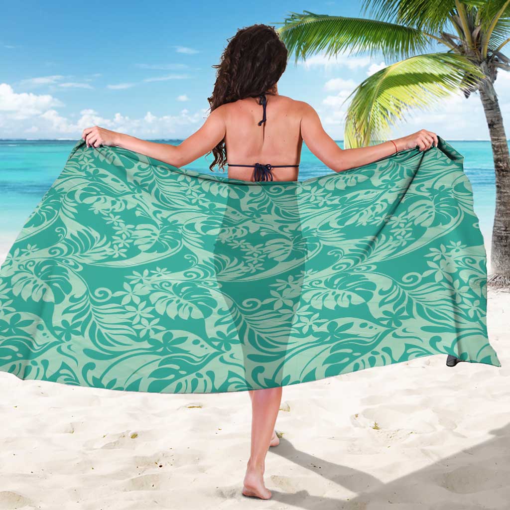 Tahiti Teal Tiare Floral Sarong Monstera Palm Tropical Leaves - Polynesian Pride
