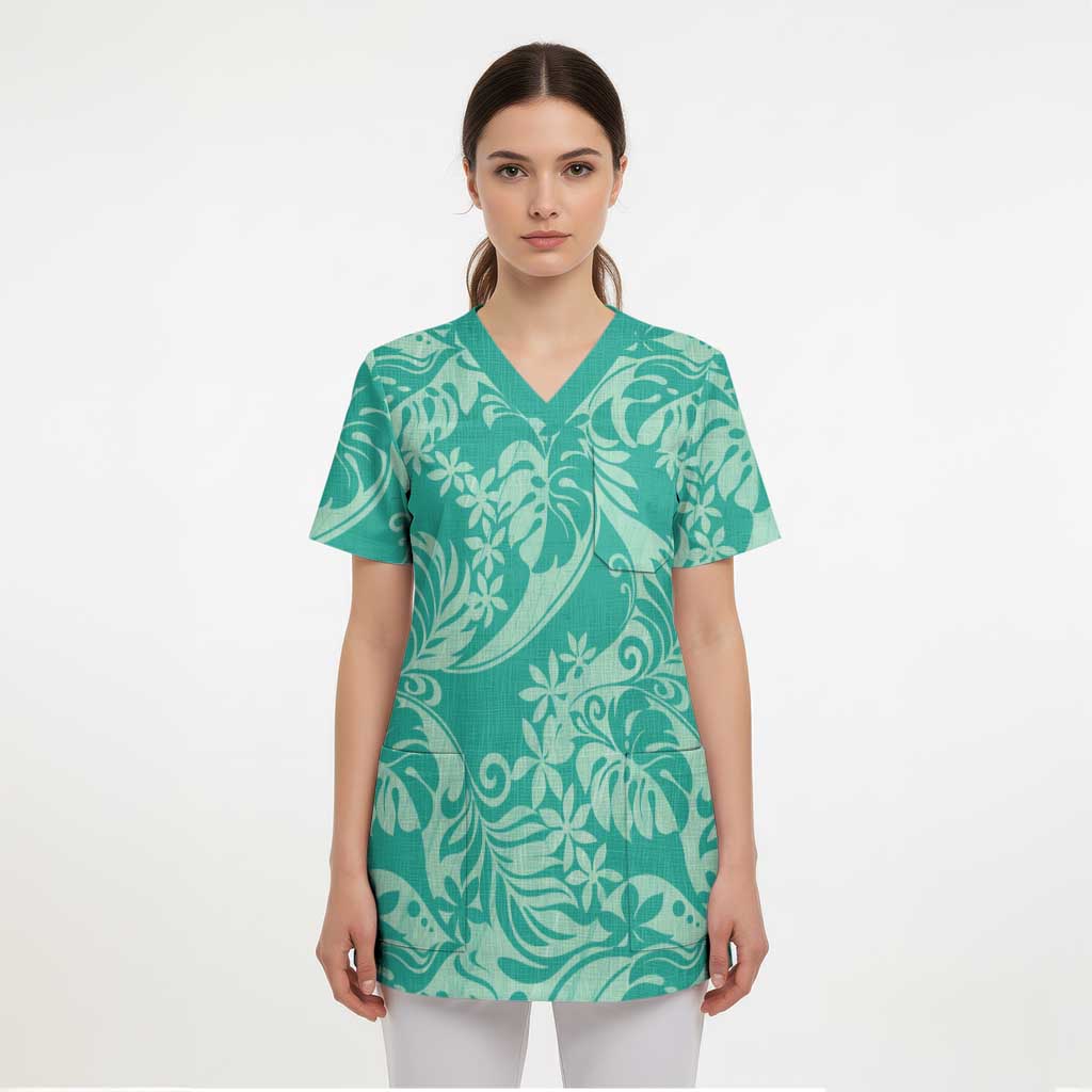 Tahiti Teal Tiare Floral Scrub Top Monstera Palm Tropical Leaves - Polynesian Pride