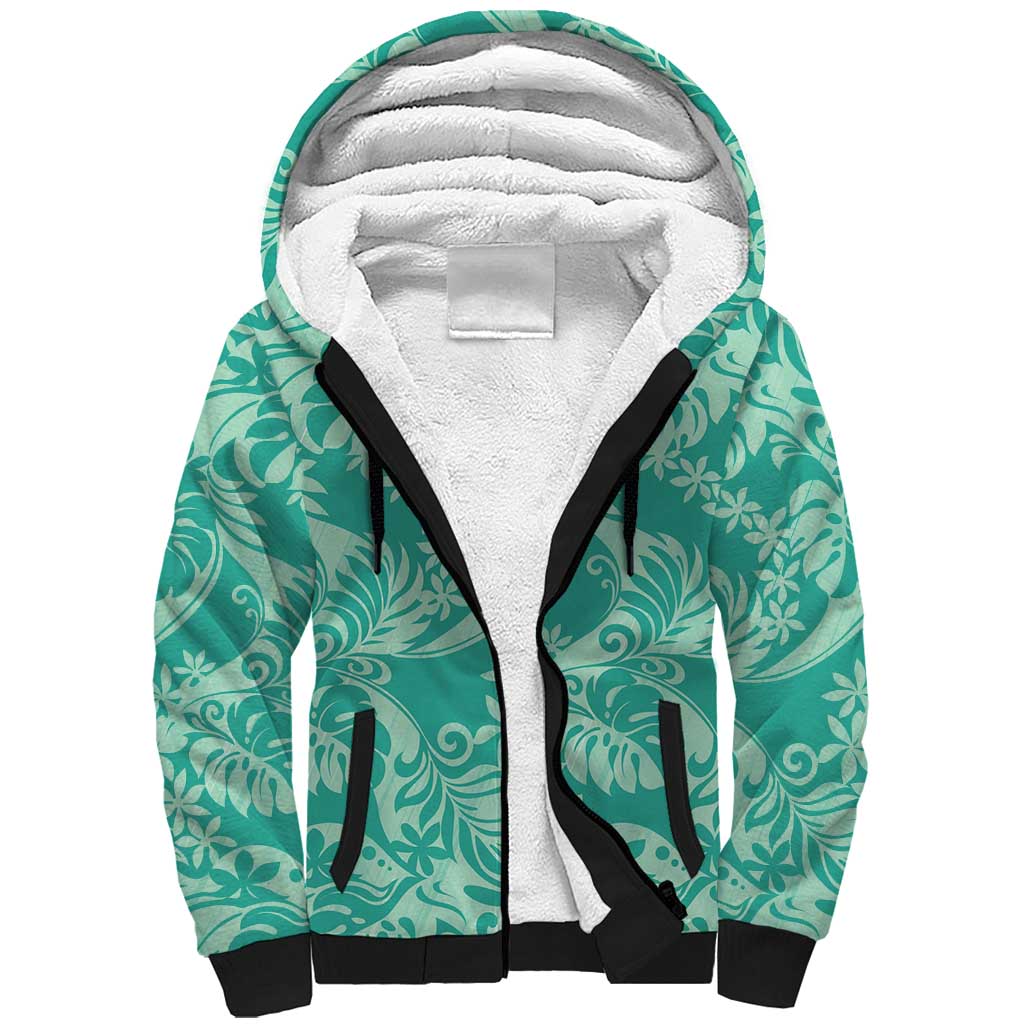 Tahiti Teal Tiare Floral Sherpa Hoodie Monstera Palm Tropical Leaves - Polynesian Pride