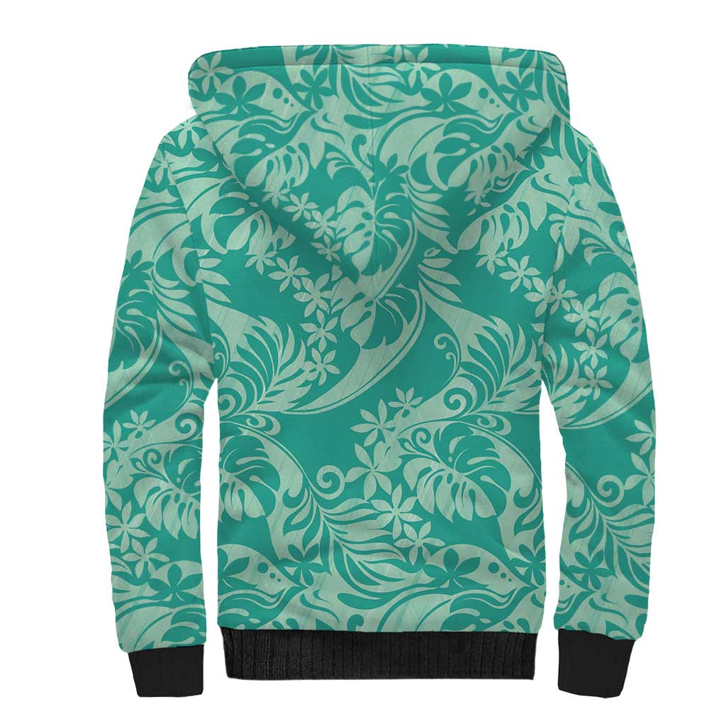 Tahiti Teal Tiare Floral Sherpa Hoodie Monstera Palm Tropical Leaves - Polynesian Pride