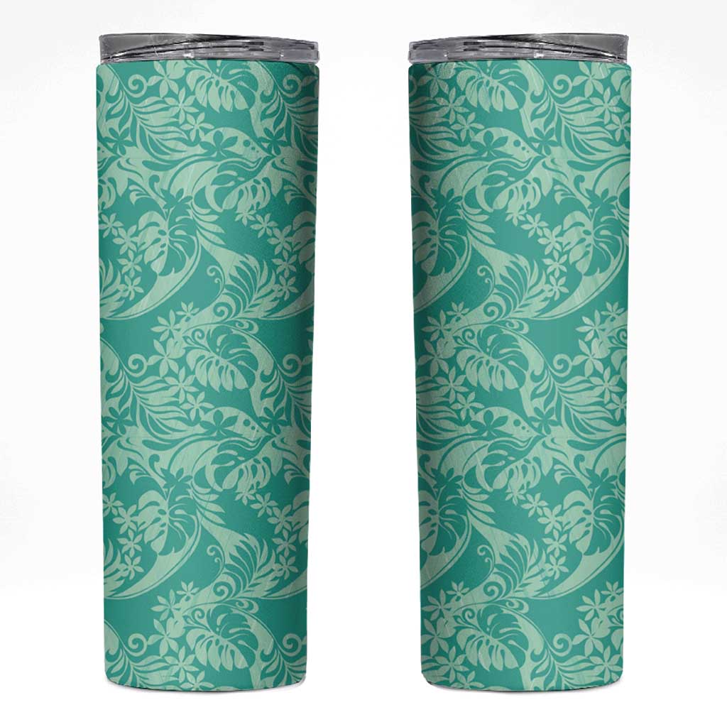 Tahiti Teal Tiare Floral Skinny Tumbler Monstera Palm Tropical Leaves - Polynesian Pride