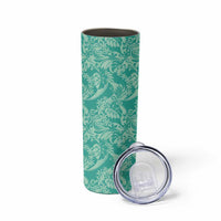 Tahiti Teal Tiare Floral Skinny Tumbler Monstera Palm Tropical Leaves - Polynesian Pride