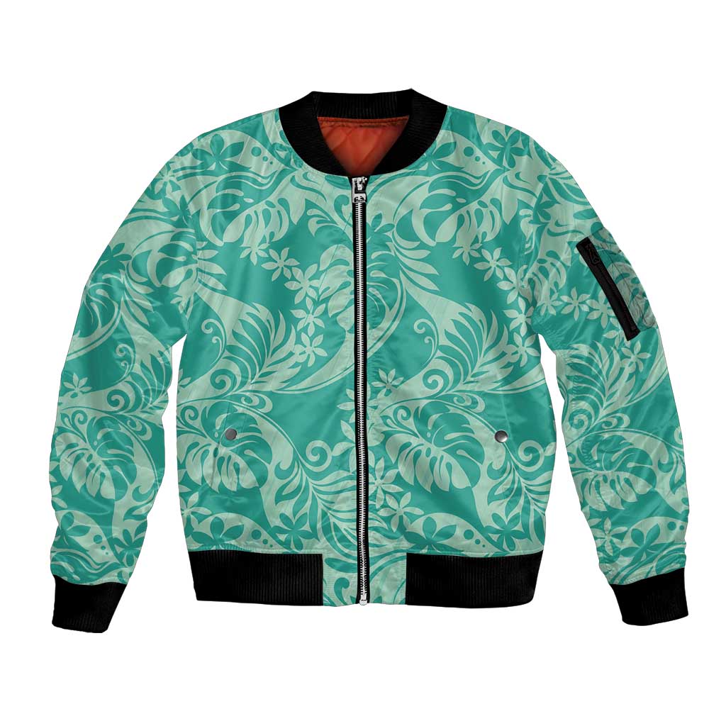 Tahiti Teal Tiare Floral Sleeve Zip Bomber Jacket Monstera Palm Tropical Leaves - Polynesian Pride