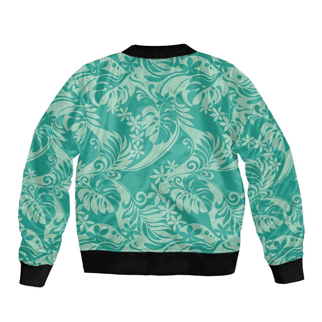 Tahiti Teal Tiare Floral Sleeve Zip Bomber Jacket Monstera Palm Tropical Leaves - Polynesian Pride