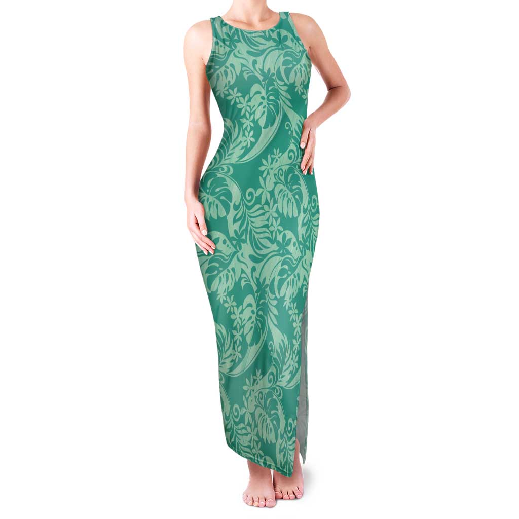 Tahiti Teal Tiare Floral Tank Maxi Dress Monstera Palm Tropical Leaves - Polynesian Pride