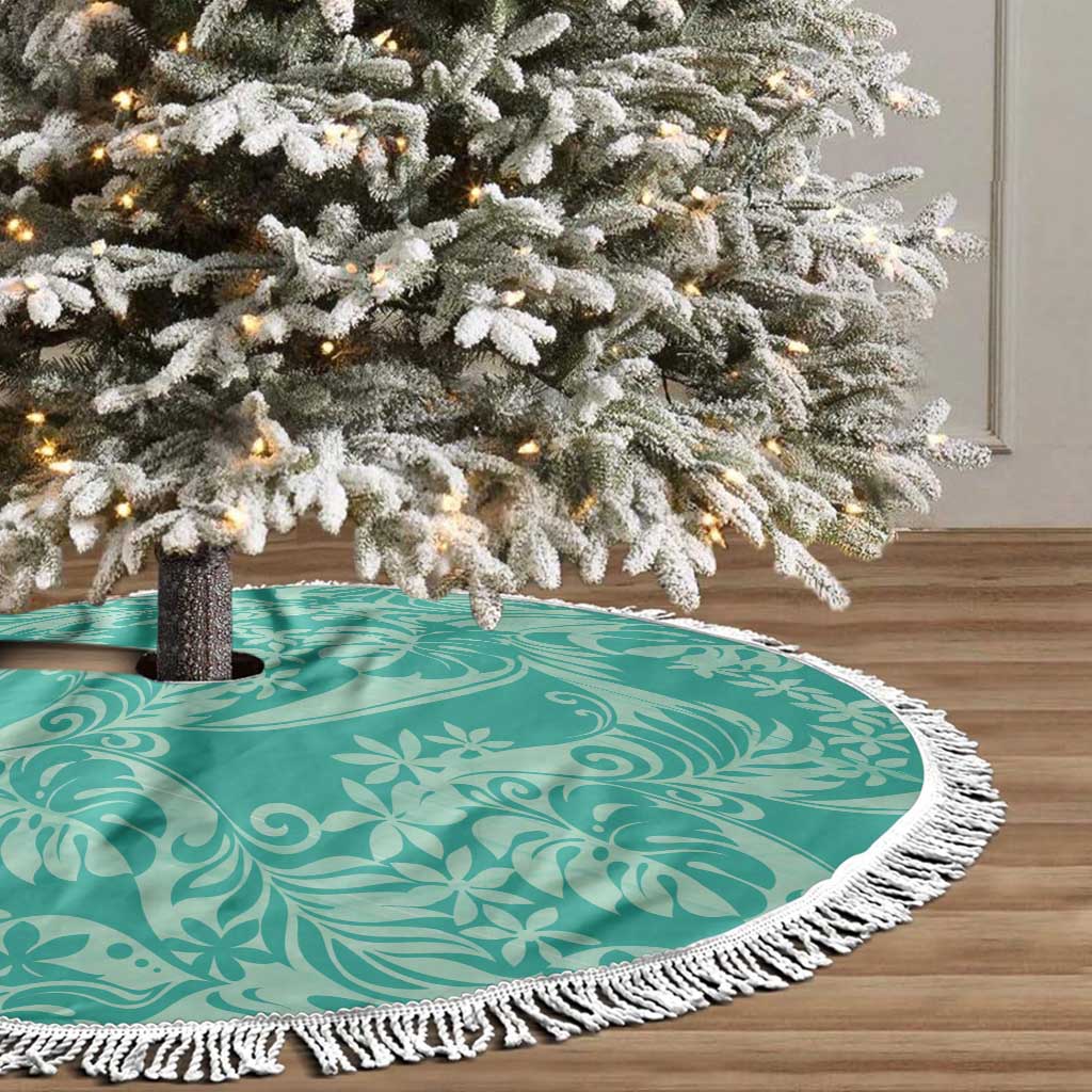 Tahiti Teal Tiare Floral Tree Skirt Monstera Palm Tropical Leaves - Polynesian Pride