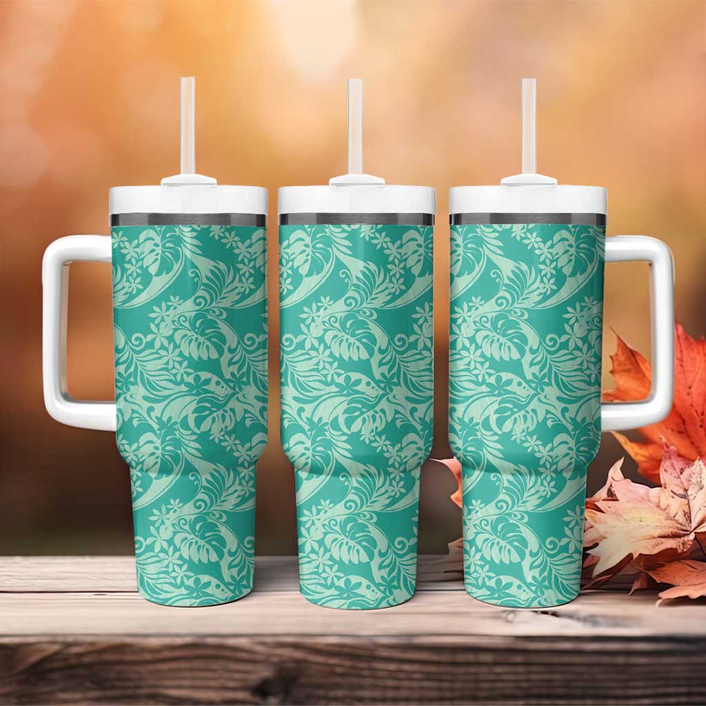Tahiti Teal Tiare Floral Tumbler With Handle Monstera Palm Tropical Leaves - Polynesian Pride