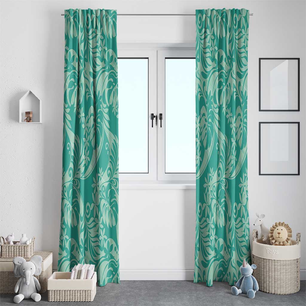 Tahiti Teal Tiare Floral Window Curtain Monstera Palm Tropical Leaves - Polynesian Pride