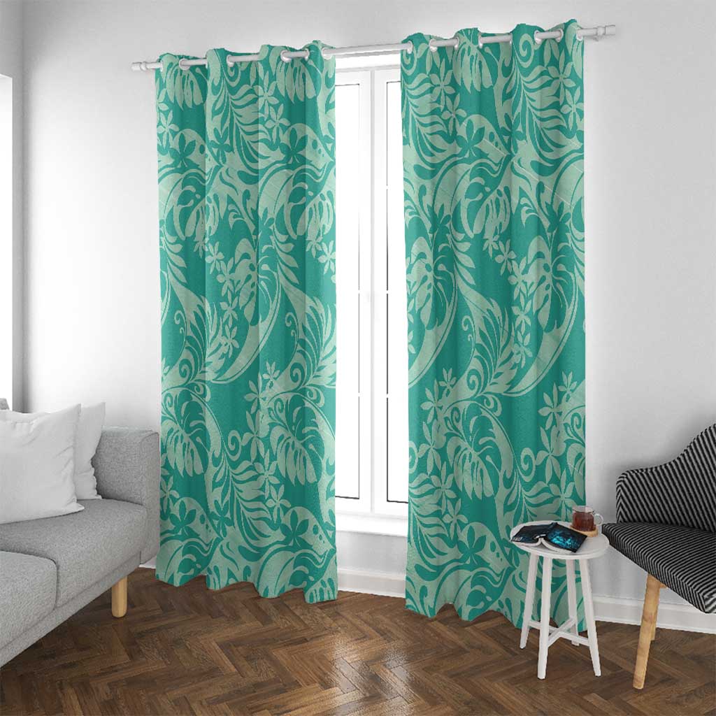 Tahiti Teal Tiare Floral Window Curtain Monstera Palm Tropical Leaves - Polynesian Pride