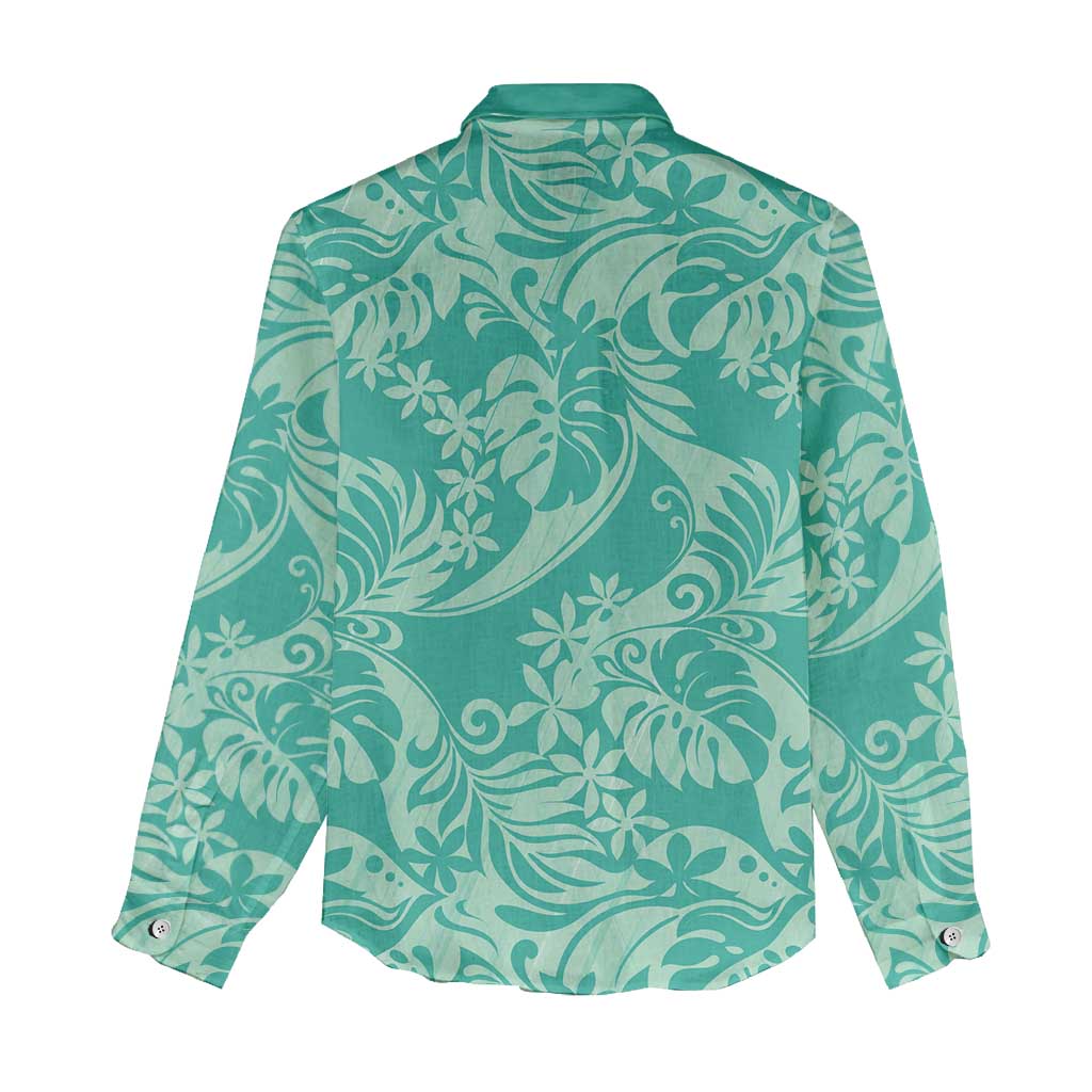 Tahiti Teal Tiare Floral Women Casual Shirt Monstera Palm Tropical Leaves - Polynesian Pride