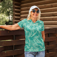 Tahiti Teal Tiare Floral Women Polo Shirt Monstera Palm Tropical Leaves - Polynesian Pride