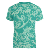 Tahiti Teal Tiare Floral Women V-Neck T-Shirt Monstera Palm Tropical Leaves - Polynesian Pride