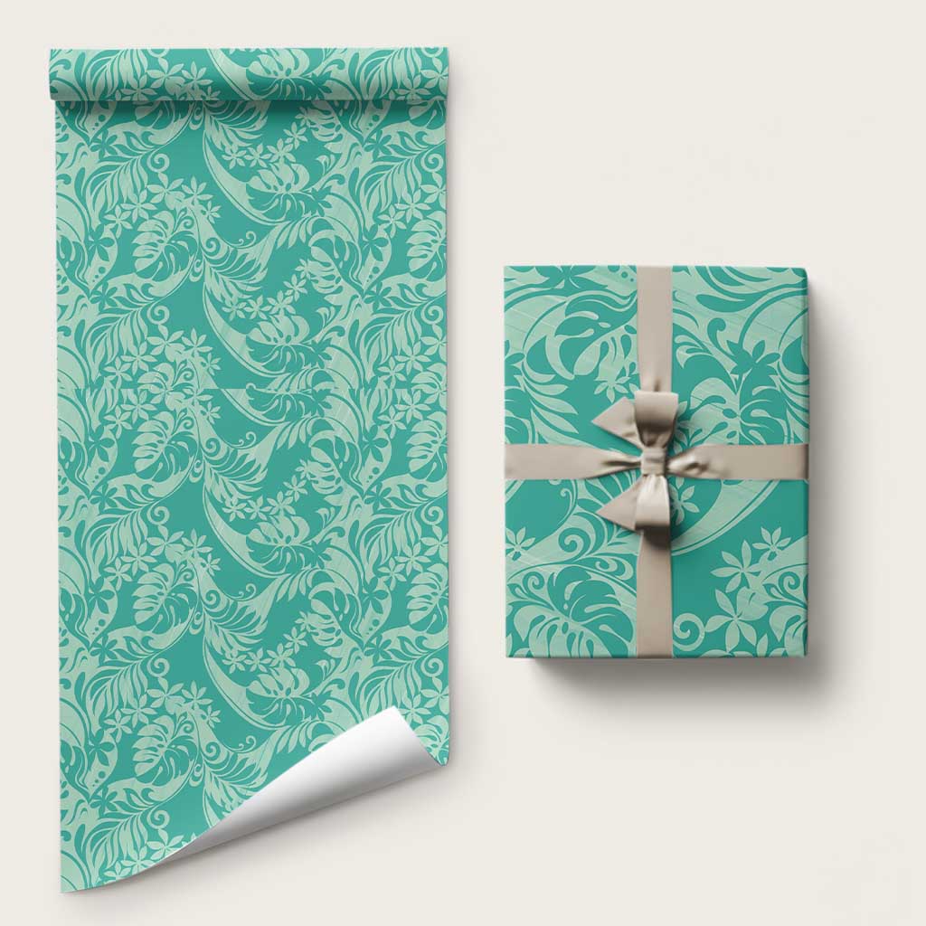 Tahiti Teal Tiare Floral Wrapping Paper Monstera Palm Tropical Leaves - Polynesian Pride