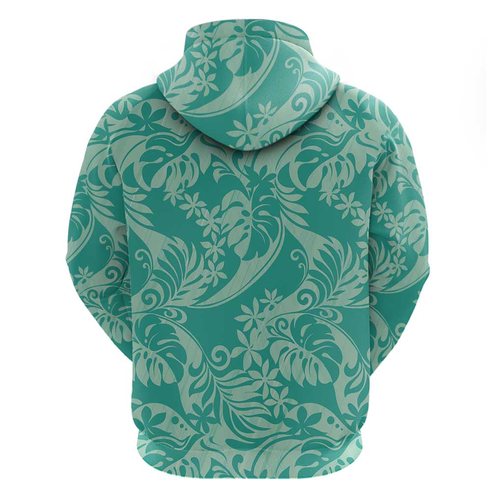Tahiti Teal Tiare Floral Zip Hoodie Monstera Palm Tropical Leaves - Polynesian Pride