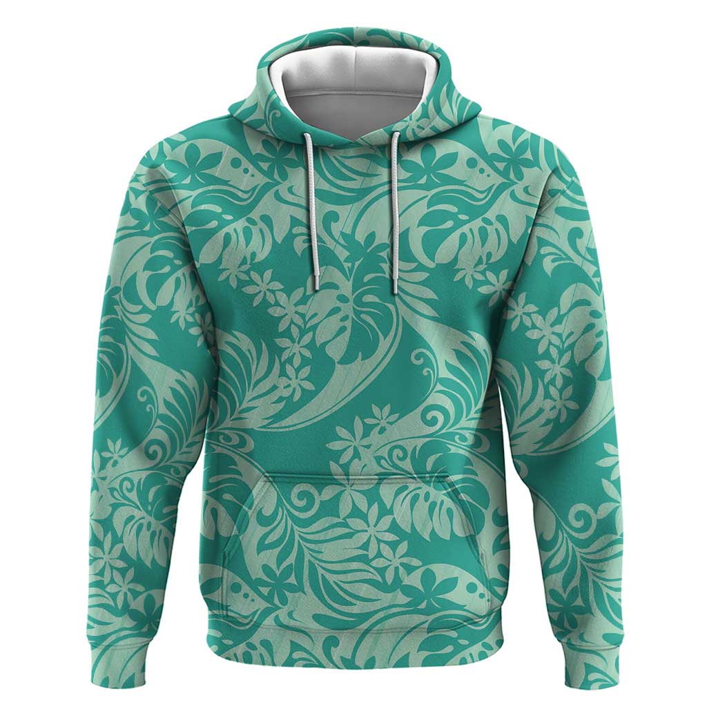 Tahiti Teal Tiare Floral Zip Hoodie Monstera Palm Tropical Leaves - Polynesian Pride
