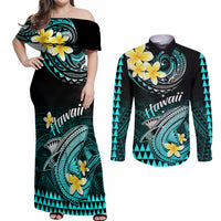 Hawaii Couples Matching Off Shoulder Maxi Dress and Long Sleeve Button Shirts Polynesian Shark with Kakau Turquoise Version LT01 Turquoise - Polynesian Pride