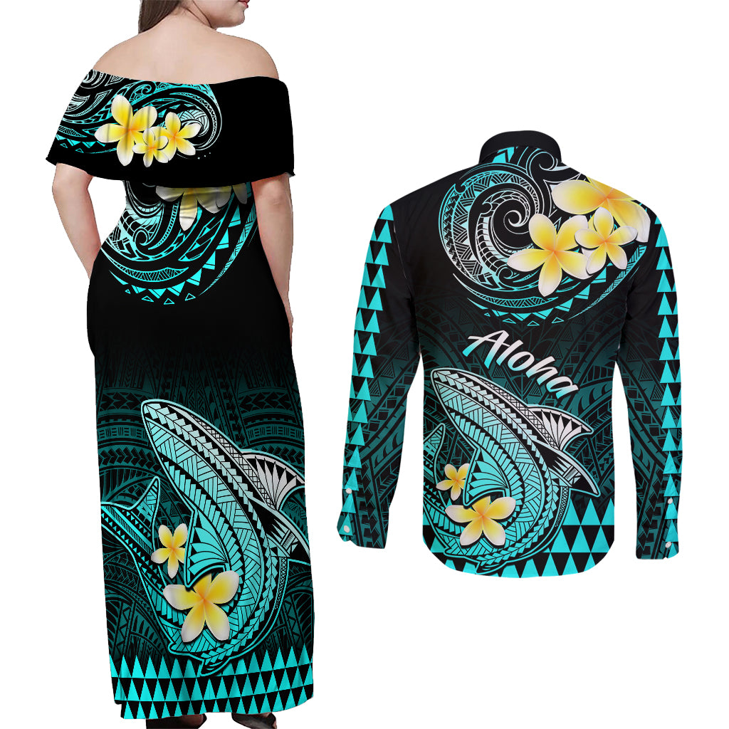 Hawaii Couples Matching Off Shoulder Maxi Dress and Long Sleeve Button Shirts Polynesian Shark with Kakau Turquoise Version LT01 - Polynesian Pride