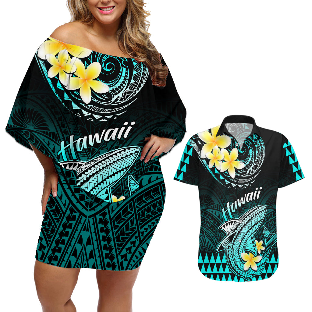 Hawaii Couples Matching Off Shoulder Short Dress and Hawaiian Shirt Polynesian Shark with Kakau Turquoise Version LT01 Turquoise - Polynesian Pride